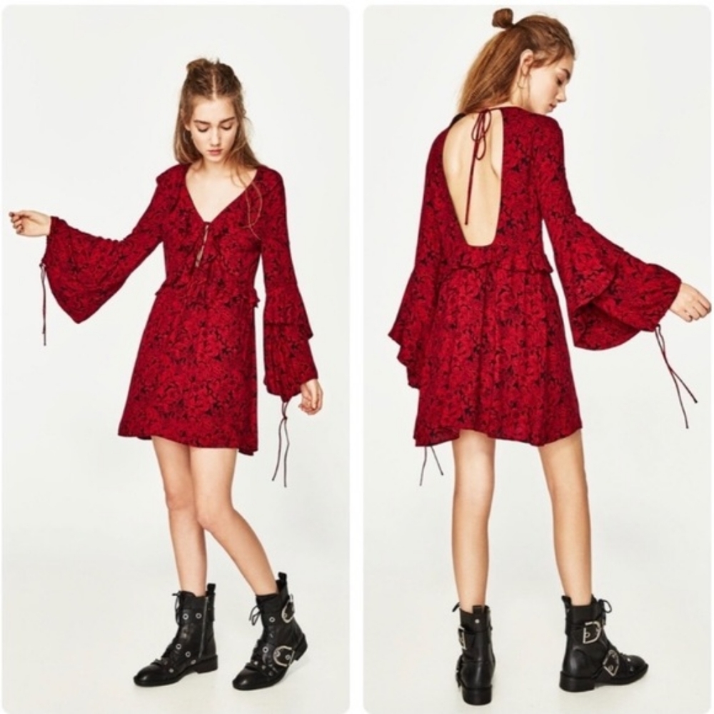 Zara red flower dress backless